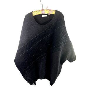 Anthropologie Sleeping On Snow Gray & Black Knit Poncho With Fringe Trim EUC S